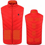 Red heated vest with visible heating elements on a white background