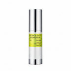 Retinol shot tightening serum with a model applying it to her face on a white background