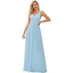 Woman wearing a light blue evening gown on a white background