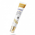 Sadoer collagen eye cream tube on a beige background with text highlighting benefits.