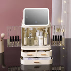 Cosmetic organizer with mirror and compartments labeled with items on a pink background