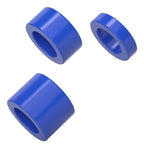 Three blue cylindrical rubber bushings on a white background