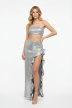 Silver sequin bandeau top and skirt set on a white background
