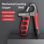 Red and black mechanical counting gripper on a dark background with text detailing features.