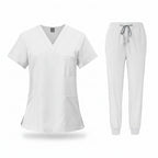White medical uniform set with top and pants on a white background