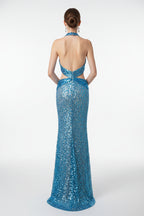 Blue evening gown on a mannequin against a plain background