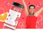 Vitamin B12 supplement bottle with a woman in a red dress on a red background, promoting 'Vitamin BOOST your B12'.