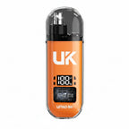 Orange electronic device with 'UK' branding and USB charging features on a white background