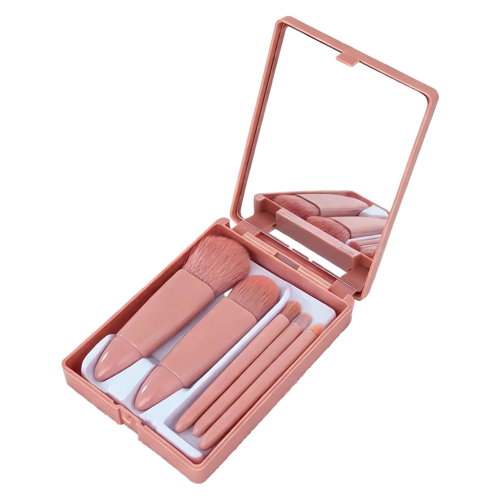 1 Set Chic Pink Makeup Brush Set - Mirror Compact, 5pcs Soft Bristles Versatile for Blush Eye Foundation