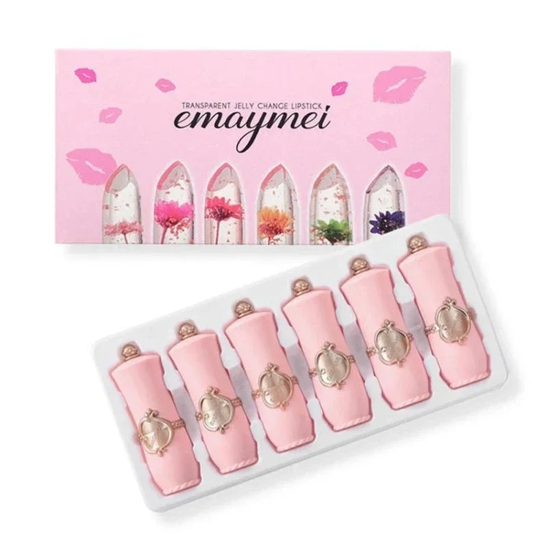 6Pcs/Box Crystal Clear Flower Jelly Lip Balm Kits Set Temperature Color Changing Lipstick Moisturizer Vitamin E Beauty Health