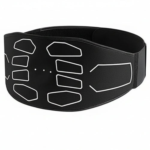 Black electronic muscle stimulator belt with accessories on a white background