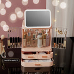 Cosmetic organizer with labeled compartments and dimensions on a pink background