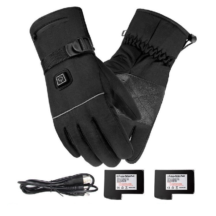 Black heated gloves with battery pack and USB cable on a white background