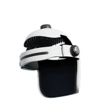 White and black visor with a blue background