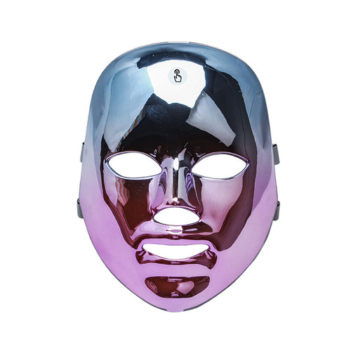 Chrome face mask with a gradient effect on a white background