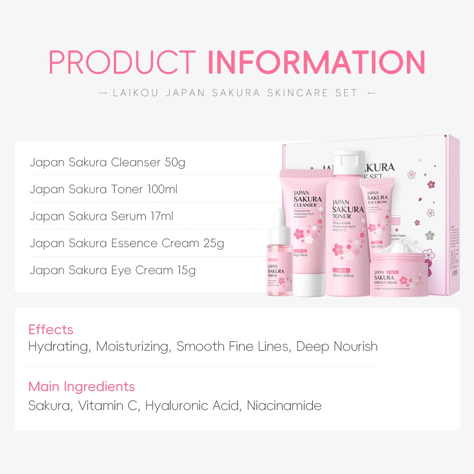 LAIKOU Sakura 5pcs Skin Care Kit Cleanser Toner Serum Eye Cream Essence Cream Moisturizing Beauty Gift Box For Women ﻿