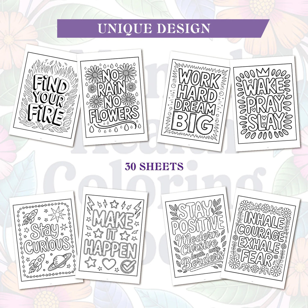 1PC 30-Page Emotional Soothing Coloring Book, Exquisite Flower Designs, Uplifting Phrases, Mental Health Coloring Book