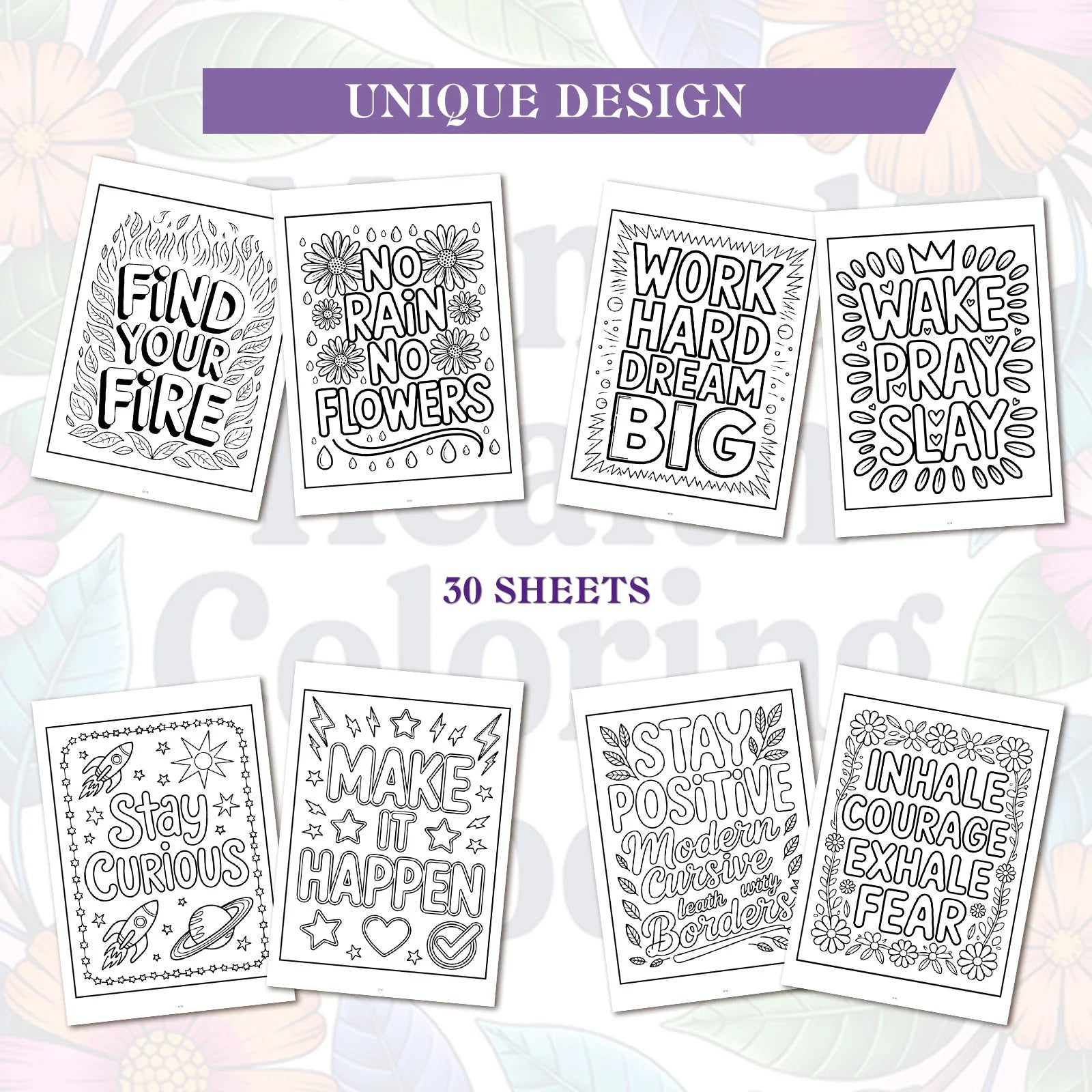 1PC 30-Page Emotional Soothing Coloring Book, Exquisite Flower Designs, Uplifting Phrases, Mental Health Coloring Book