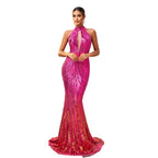 Women's Rose Red High-Neck Keyhole Sequined Evening Dress – Slim-Fit Mermaid Banquet Gown