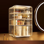 Cosmetic organizer with products inside, showing dimensions and features on a dark background.