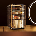 Cosmetic organizer with products inside, showing dimensions and features on a dark background.