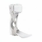 White foot orthosis with inset images showing its use on a foot and a close-up of the sole.