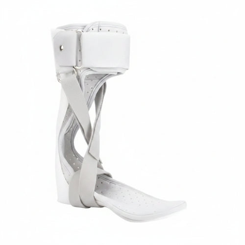 White foot orthosis with inset images showing its use on a foot and a close-up of the sole.