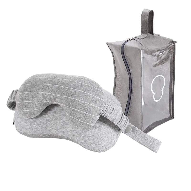 A versatile, multifunctional grey eye mask and neck pillow combo for travel and office napping.