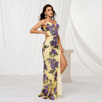 Woman wearing a floral dress with a white background