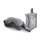 Gray sleep mask with clear carrying case on a white background