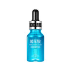 Blue serum bottle with black cap on a white background