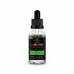 Bottle of beard growth oil with a man with a full beard on a white background