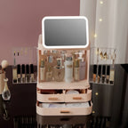 Makeup organizer with various cosmetic items and a vanity mirror, labeled with product names.