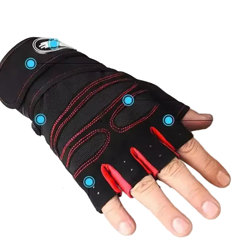 Black glove with red accents and features labeled on a white background