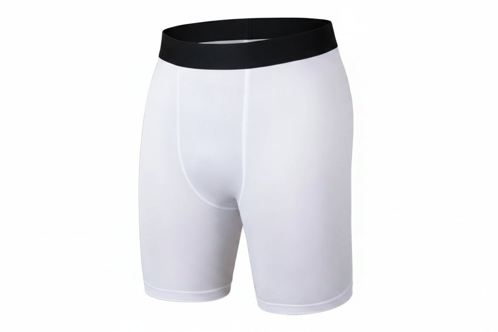 White athletic shorts with a black waistband on a white background