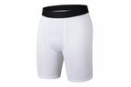White athletic shorts with a black waistband on a white background