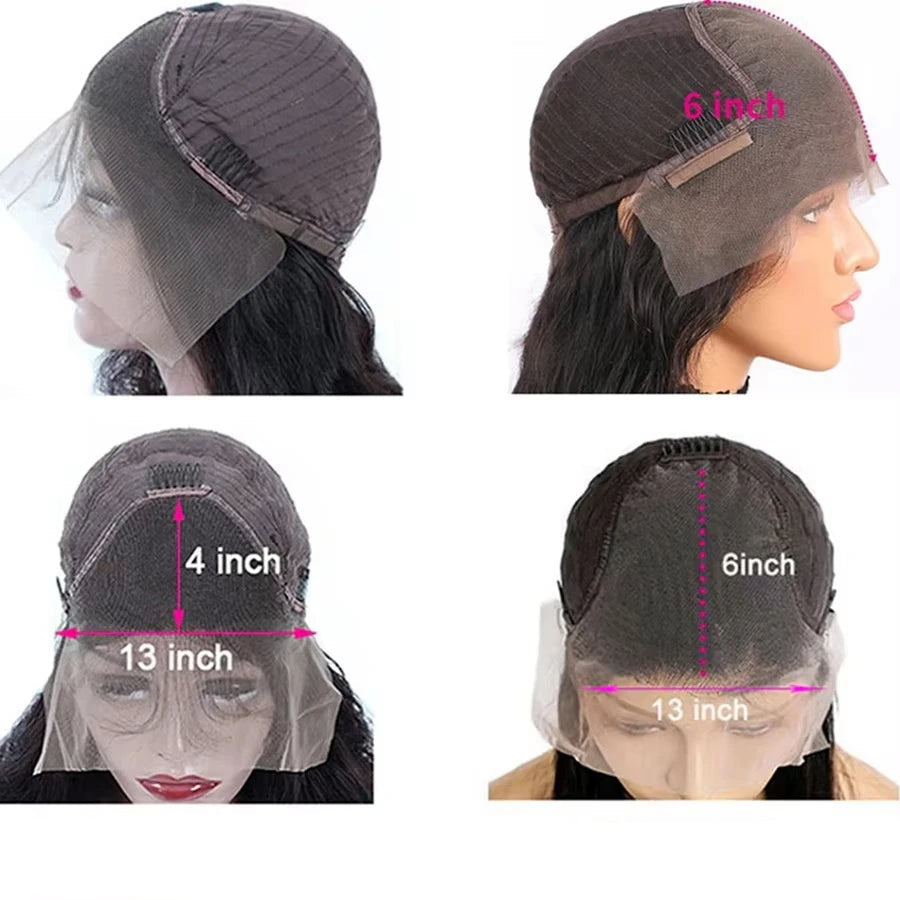 Comparison of 13x4 and 13x6 lace front wigs on mannequin heads with measurements.