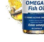 Omega Fish Oil supplement bottle with fish oil splash on a white background
