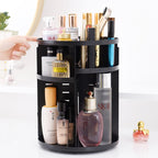 Rotating makeup organizer with various cosmetic items on a white background