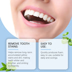 Close-up of a person's mouth with teeth showing, accompanied by text about tooth-staining removal and ease of use.