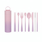 Purple travel set with toothbrushes and case on a white background