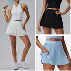 Women Pleated Tennis Skirt Set Fake Two Piece Look Anti Exposed Sports Fitness Badminton Golf Skirt Summer