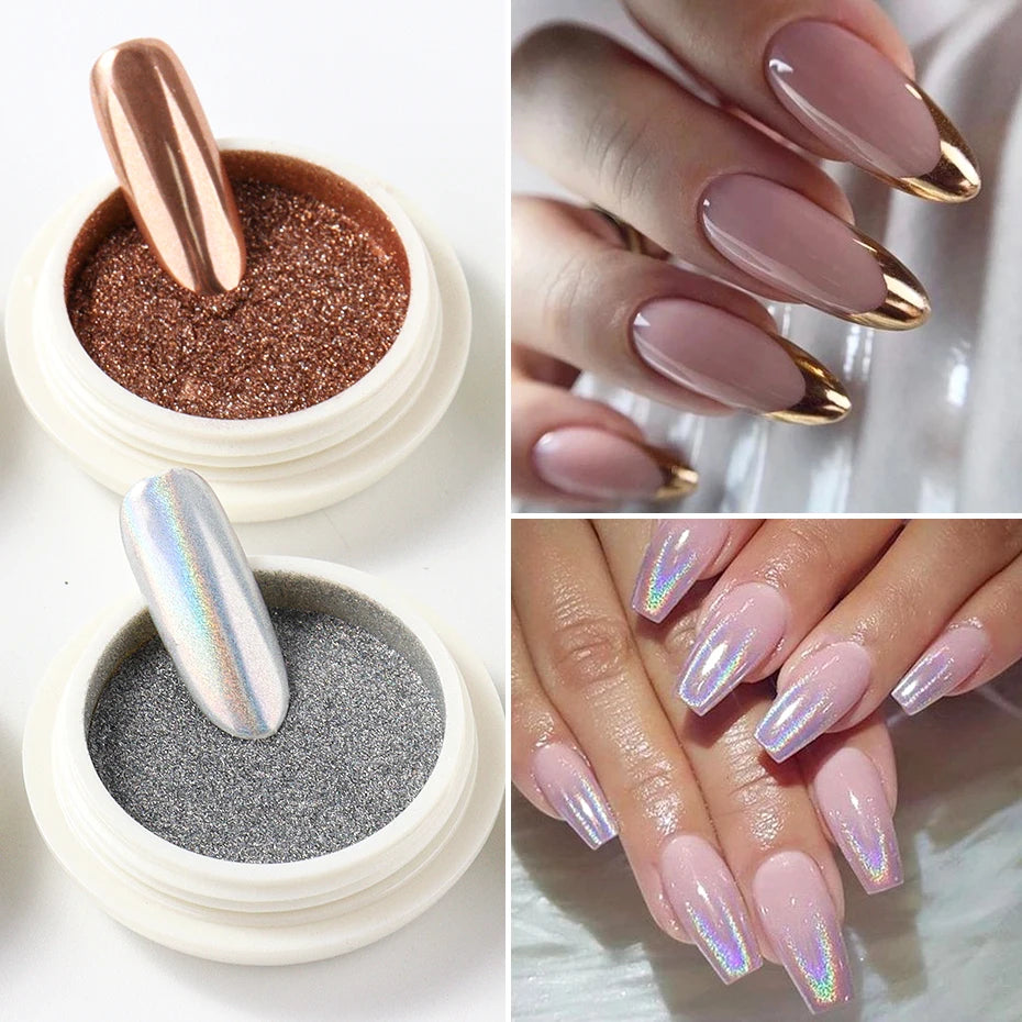 6Pcs Chrome Mirror Nail Powder Set – Gold Silver Holographic Aurora Iridescent Pigment for Rubbing Nail Art