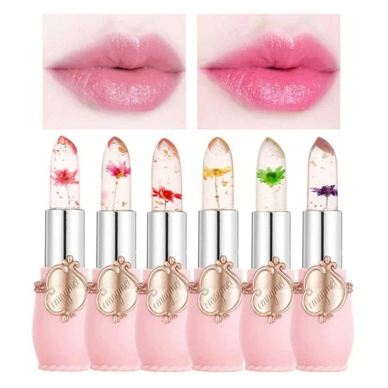 6Pcs/Box Crystal Clear Flower Jelly Lip Balm Kits Set Temperature Color Changing Lipstick Moisturizer Vitamin E Beauty Health