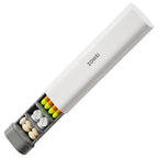 White and gray pill organizer with colorful pills on a white background