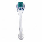 Microneedle roller device with packaging on a white background