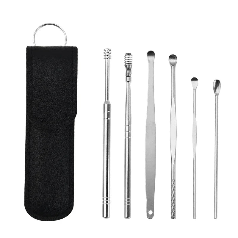 6Pcs Earwax Removal Tool Set – Stainless Steel Spiral Earpick & Ear Curette Cleaner Kit