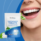 Oralhoe toothpaste tablets packaging with a close-up of a person's mouth showing white teeth.