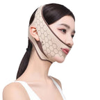 Woman wearing a face lifting device with text highlighting features on a plain background