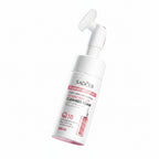 Sadoer cleansing foam bottle with text on a pink background